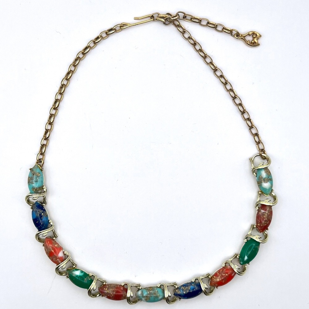 Vintage Gold Tone Necklace with Multicolor Foil Glass‎ Cabochons 16" Adjustable